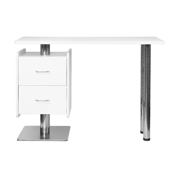 Weiße Kosmetiktisch 6543 mit Schubladen und Chromakzenten auf einem Schreibtisch