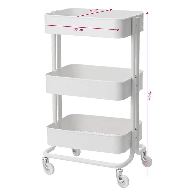Weiße dreistöckige Kosmetikwagen HS05 Weiß mit Maßen auf Rädern
