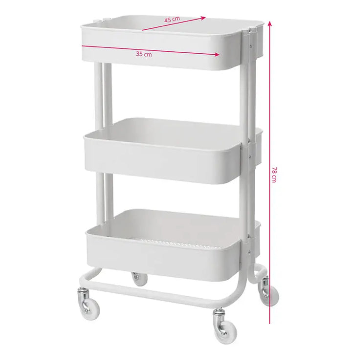 Weiße dreistöckige Kosmetikwagen HS05 Weiß mit Maßen auf Rädern