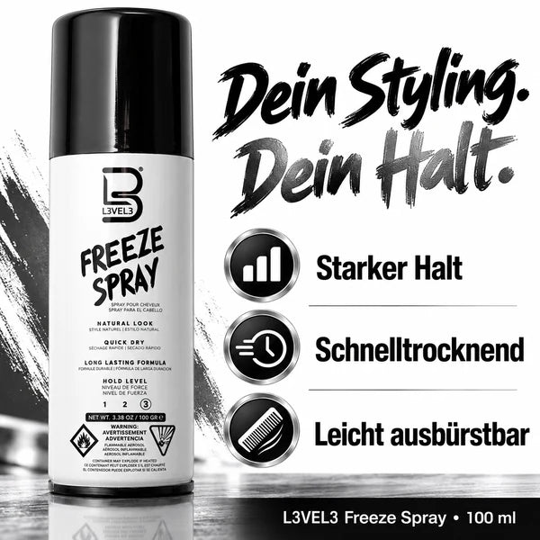 L3VEL3 Freeze Spray 100 ml: starker Halt, schnelltrocknende Formel und leicht ausbürstbares Styling