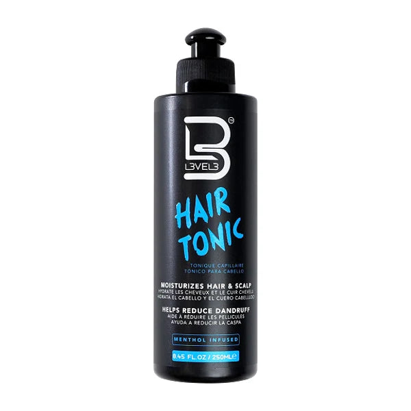 L3VEL3 Hair Tonic mit Menthol 250 ml in schwarzer Pumpflasche auf weißem Hintergrund