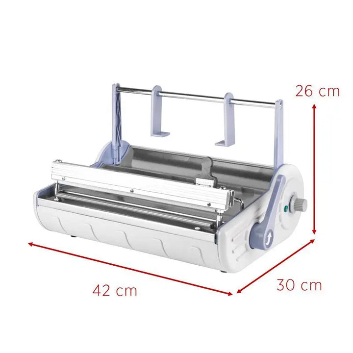 Weiße und silberne Bindemaschine mit Maßen für Lafomed Verpackungen-Schweißgerät F-300A
