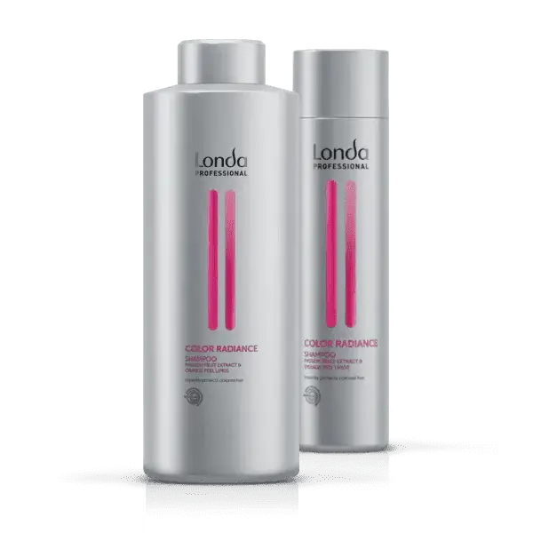 Zwei silberne Flaschen Londa Professional Color Radiance Shampoo auf Displaysständer
