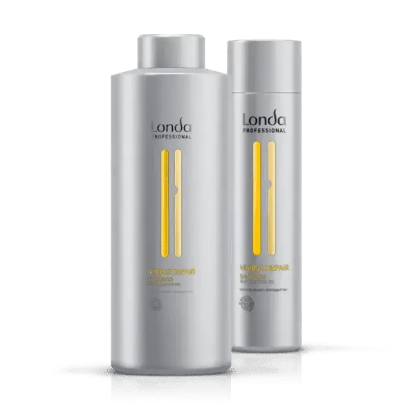 Zwei silberne Londa Professional Visible Repair Shampoo Flaschen vor einem weißen Hintergrund