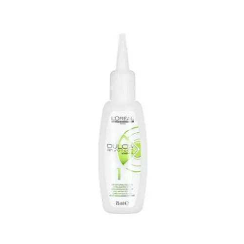 Weiße Flasche mit Haarglättungslösung L Oreal Professionnel Dulcia Dauerwellflüssigkeit