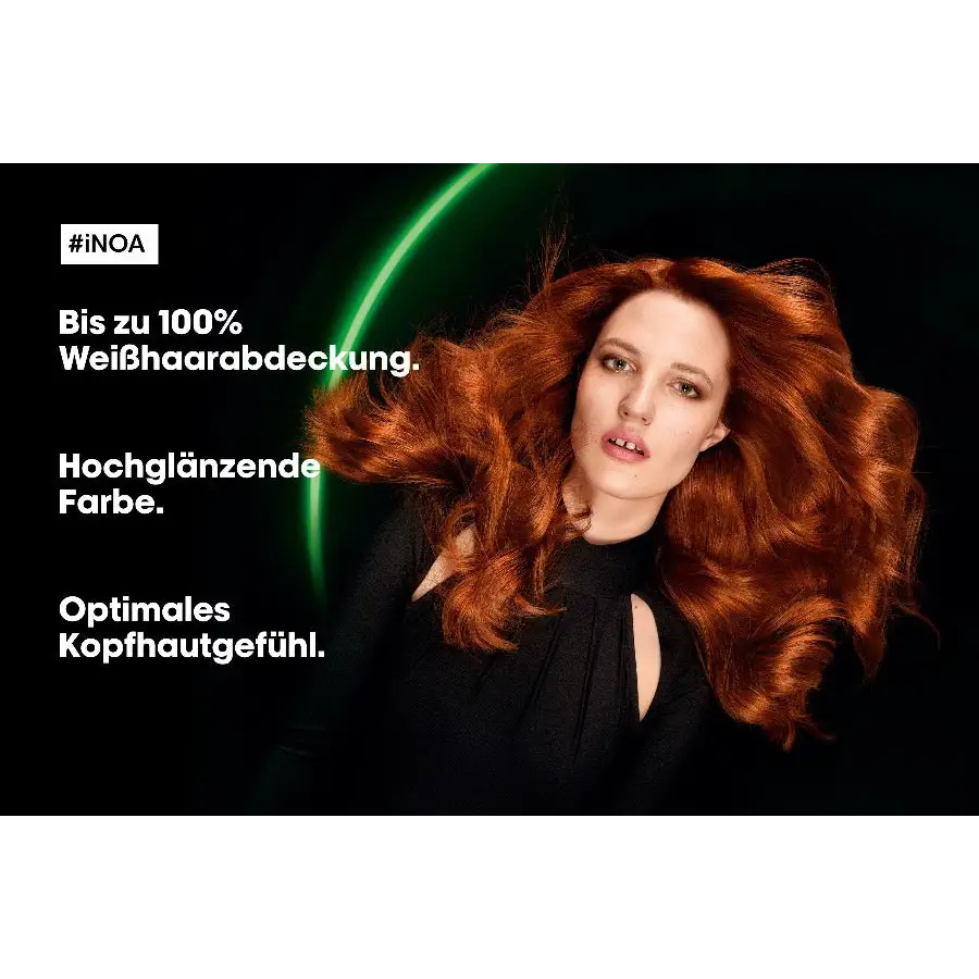Frau mit lebendig rotem Haar, L Oreal Professionnel Inoa Haarfarbe Anwendung