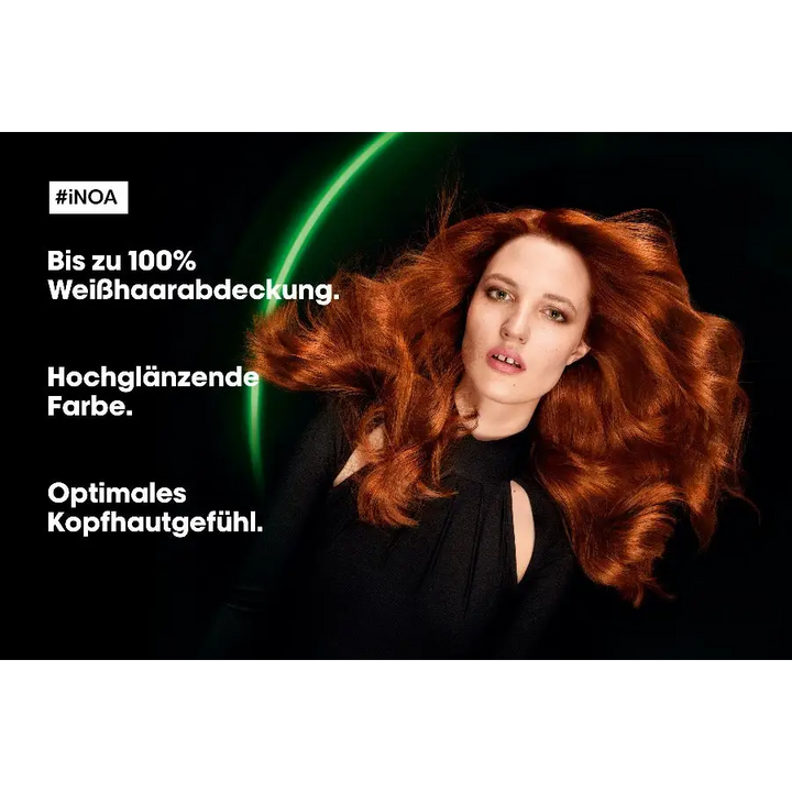 Frau mit lebendig rotem Haar, L Oreal Professionnel Inoa Haarfarbe Anwendung