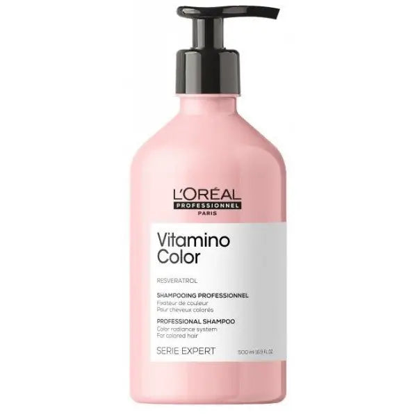 Pinkflasche L’Oréal Vitamino Color Shampoo mit schwarzem Pump für coloriertes Haar
