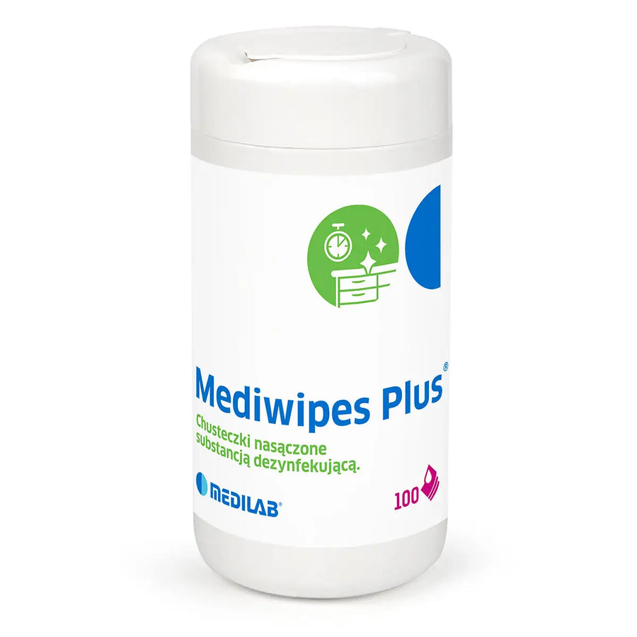 Zylindrischer Behälter mit MediWipes Plus alkoholischen Tüchern zur Flächendesinfektion