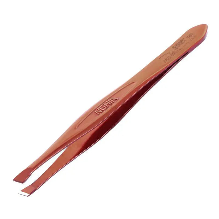 Angled-tip metal tweezers Nghia export Pinzette t-01 braun vorzeigen