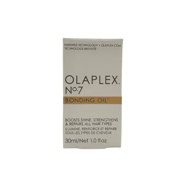 Olaplex No 7 Bonding Oil Verpackung auf einem Regal sichtbar