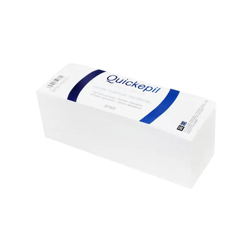 Weiße Box mit blauen Akzenten für Quickepil Enthaarungsstreifen 23x7,5 cm 200 St