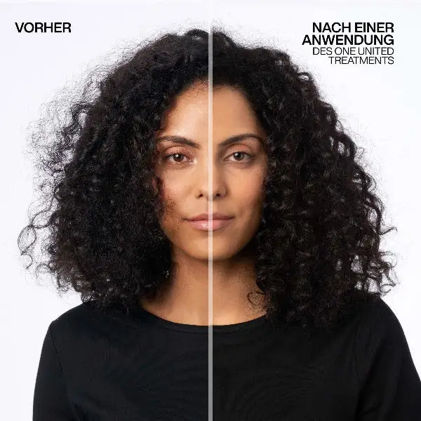 Haartransformation vor und nach Anwendung des Redken One United All-In-One Multi-Vorteils-Sprays