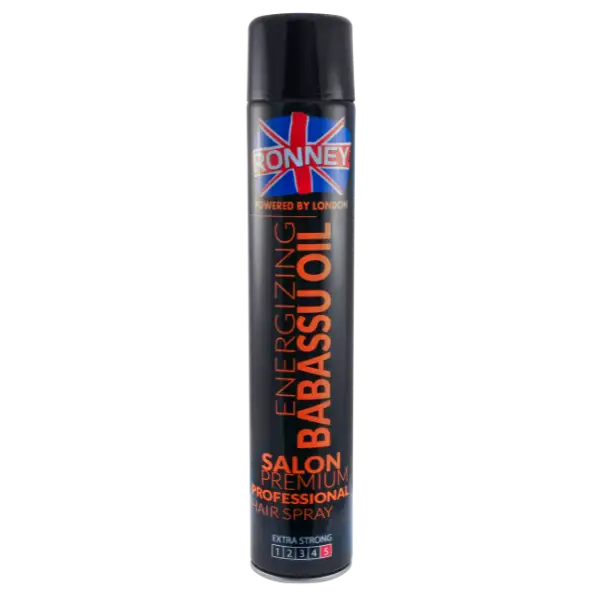 Schwarze RONNEY Babassu Oil Energizing Haarspray Dose auf weißem Hintergrund