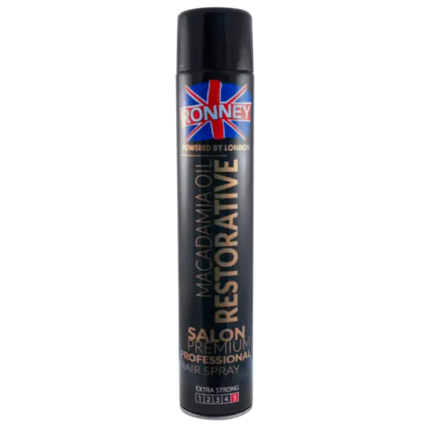 Schwarze Ronney Macadamia Oil Restorative Haarspray Dose auf weißem Hintergrund