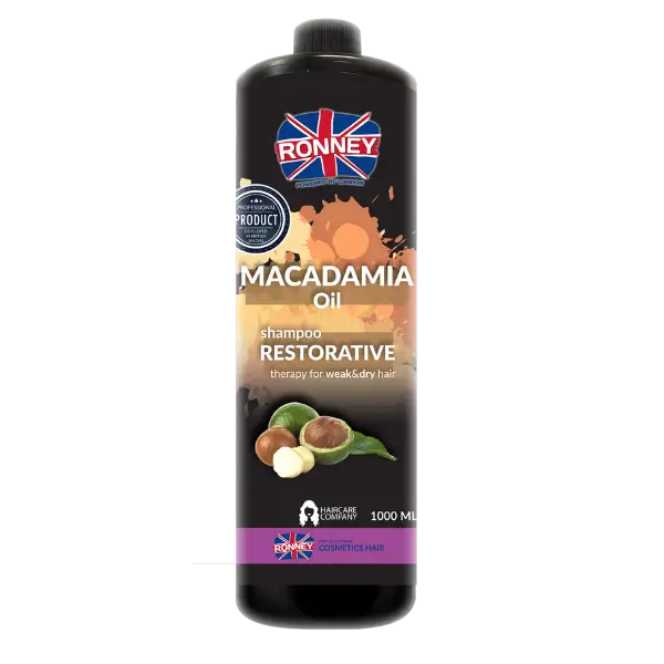 Flasche mit RONNEY Macadamia Oil Restorative Shampoo auf weißem Hintergrund