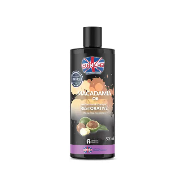 Schwarze Flasche RONNEY Macadamia Oil Restauratives Shampoo auf weißem Hintergrund