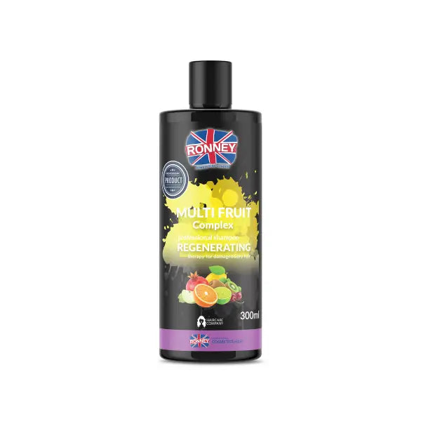 Schwarze Flasche RONNEY Multi Fruit Complex Shampoo auf weißem Hintergrund