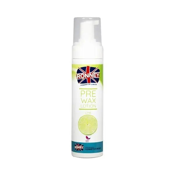 Ronney Pre Wax Lotion Lime Flasche auf weißem Hintergrund für Haarentfernung