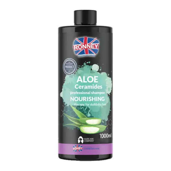 Schwarze Flasche Ronney Professional Aloe Ceramides Shampoo auf weißem Hintergrund