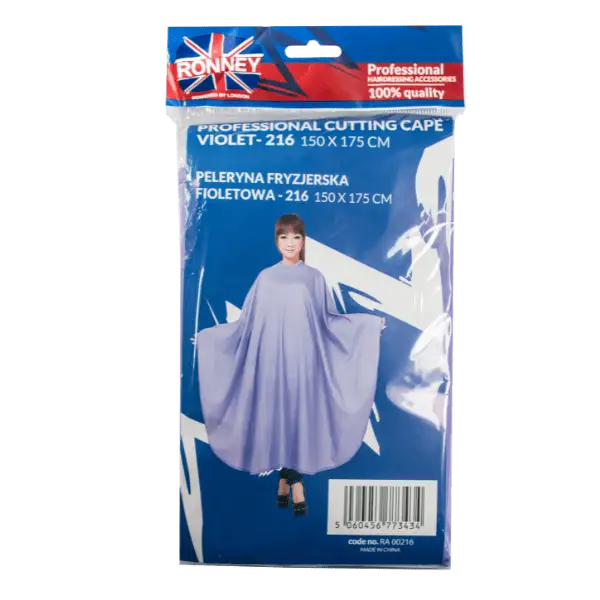 Verpackte violette Haarschneideumhang von Ronney Professional für Friseure