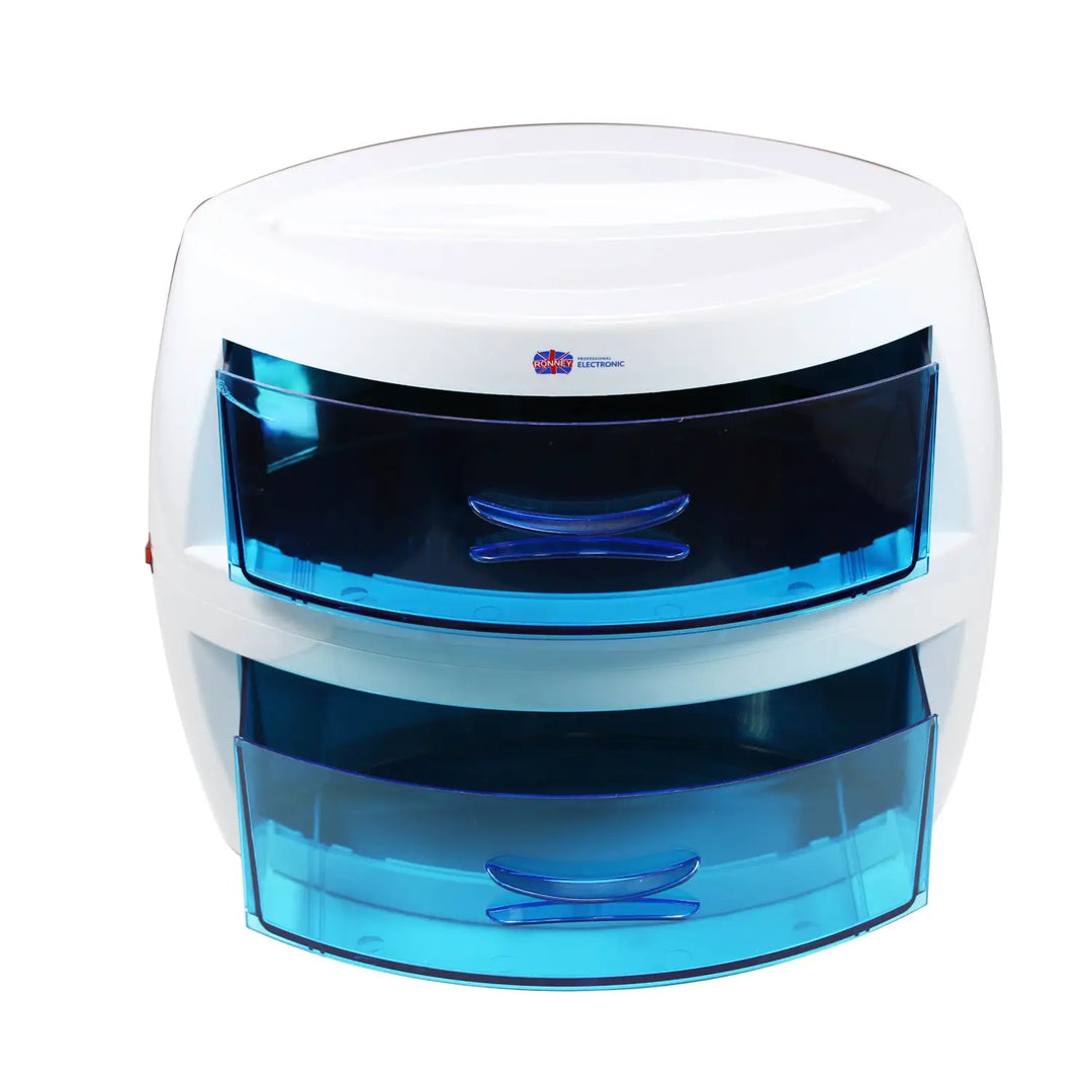 Weiße Sterilisator mit zwei azurblauen Schubladen vom Ronney Professional UV Werkzeug-Sterilisator