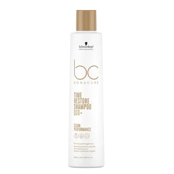 Weiße Shampoo-Flasche mit Goldkappe für Schwarzkopf BC Time Restore Clay Shampoo