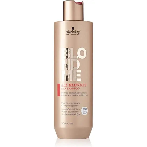 Schwarzkopf BlondMe All Blondes Rich Shampoo Flasche auf weißem Hintergrund