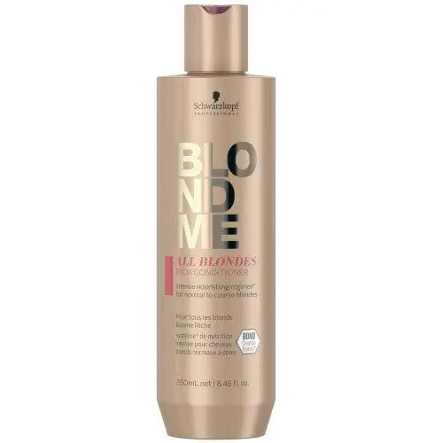 Goldene Flasche des Schwarzkopf BlondMe Rich Conditioners für blondiertes Haar