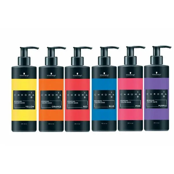 Sechs bunte Haarmasken für Farbauffrischung im Schwarzkopf Chroma Bonding Color Haarmaske