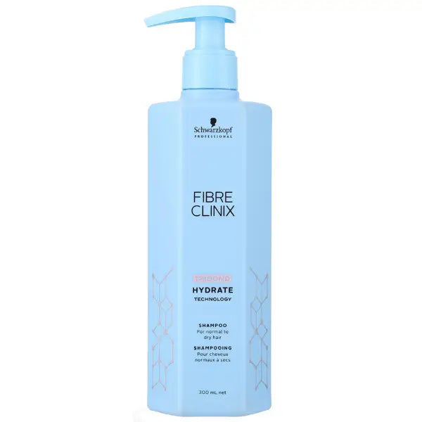 Hellblauer Schwarzkopf Fibre Clinix Tribond Hydrate Shampoo Flasche auf weißem Hintergrund
