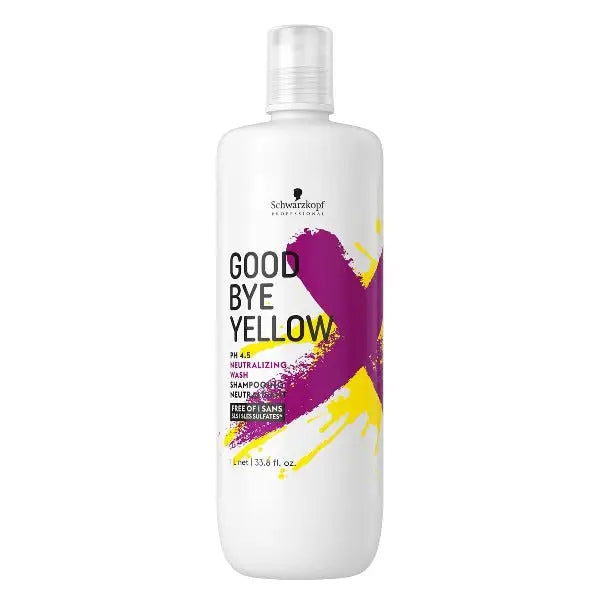 Weiße Flasche Schwarzkopf Good Bye Yellow Shampoo mit lila und gelber Gestaltung