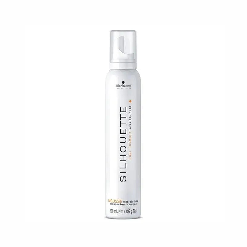 Weiße Haarmousse Flasche vom Schwarzkopf Silhouette Flexible Hold Mousse