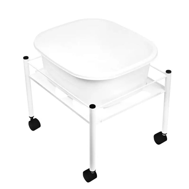 Weiße Plastiktub auf rollendem Metallständer für Set fussbadewanne und fussmassagegerät
