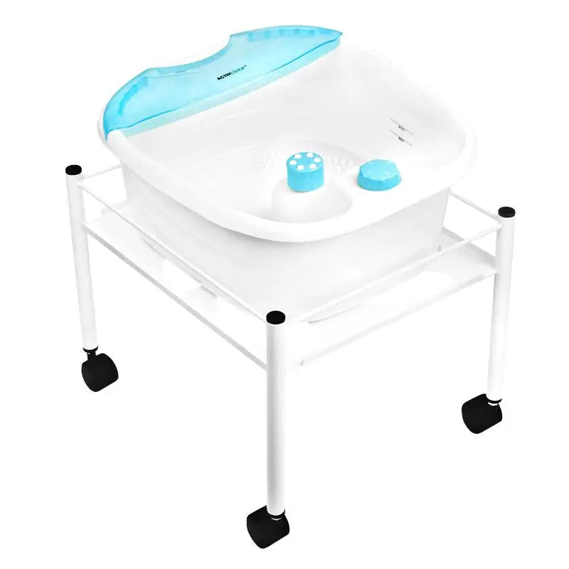 Weiße und blaue Fußbadewanne auf Rollständer für Set fussbadewanne + fussmassagegerät