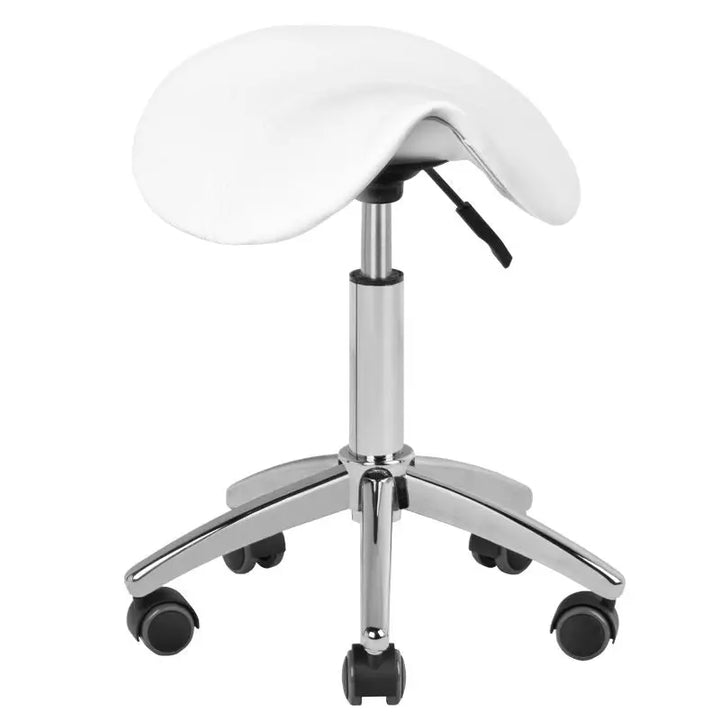 Weiße Sattelstuhl mit Chrombasis für Kosmetikliege Set Kosmetikliege 210 plus LED Lupenleuchte s5 und Kosmetikhocker 302