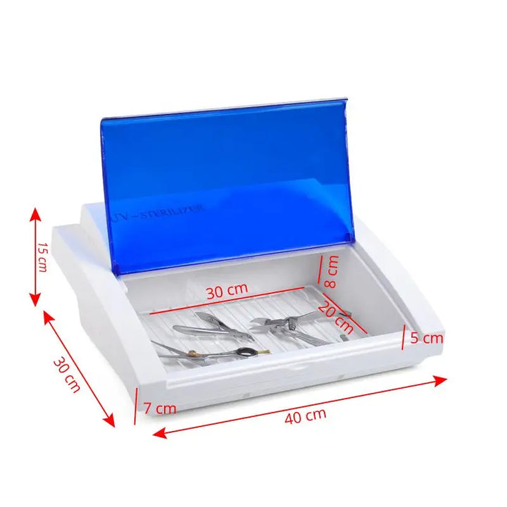 Weißer Sterilisator-Box mit blauer Abdeckung und abgedeckten Maßen für Sterilisator UV-C Blue