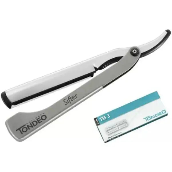 Silberner gerader Rasierer mit Klingenschacht im Tondeo Sifter Classic Set including 10 Klingen