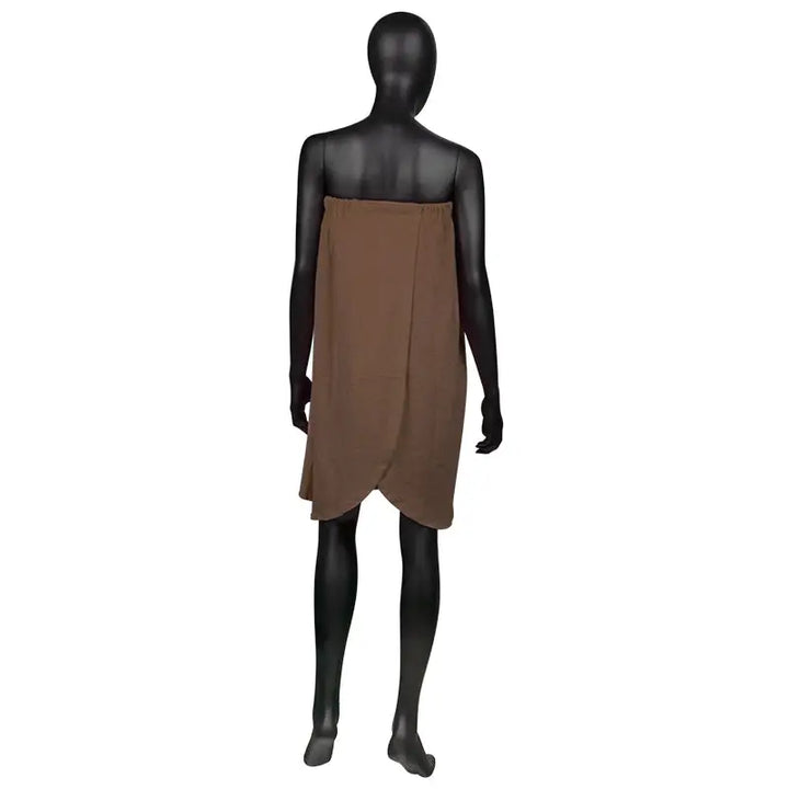 Braune trägerlose Kleid auf mannequin für Umhang Frotte braun Nr. 30