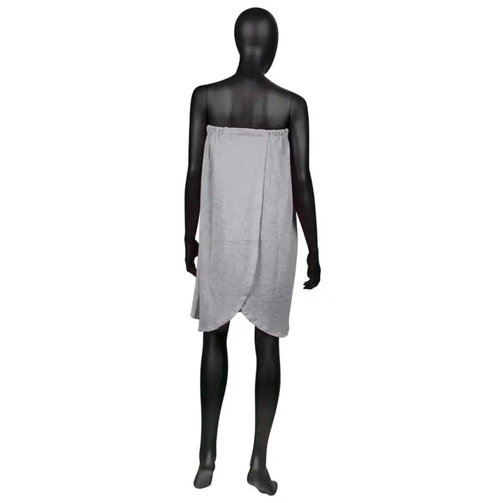 Hellgraues Frottierhandtuch um Mantel auf Mannequin für Produkt Umhang Frotte Nr. 29