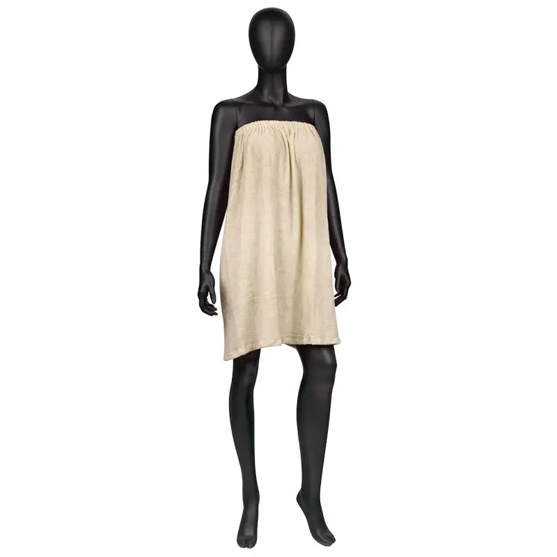 Schwarze Mannequin trägt beigen kniefreien Strapless-Kleid Umhang Frotte Nr 44 Cremefarben
