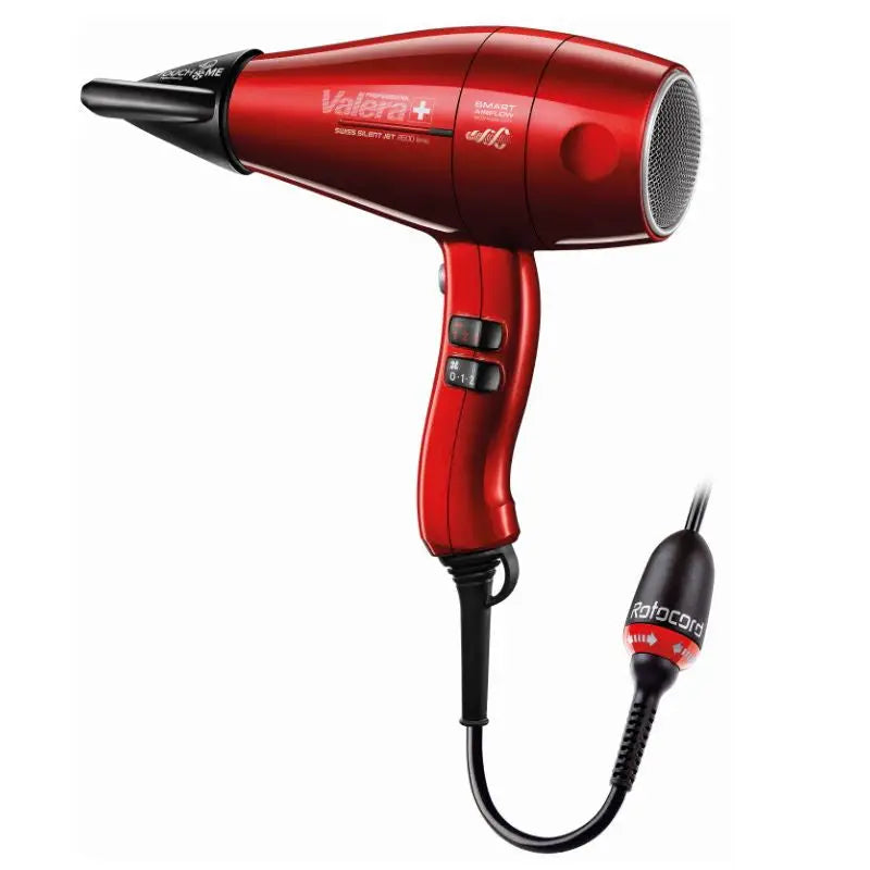 Rote Haartrockner mit schwarzem Nozzle und Kabel vom Valera Silent Jet 8500 Ionic RC