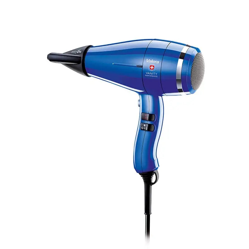 Blaue Valera Haartrockner Vanity Performance Royal Blue mit schwarzem Nozzle und Kabel
