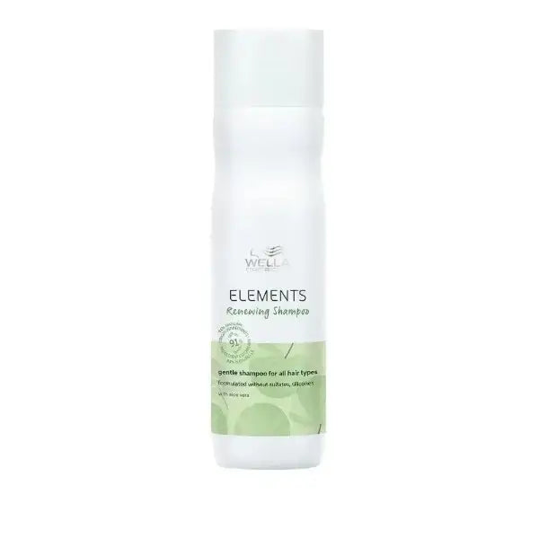 Weiße Flasche Wella Elements Renewing Shampoo auf Produktdisplay