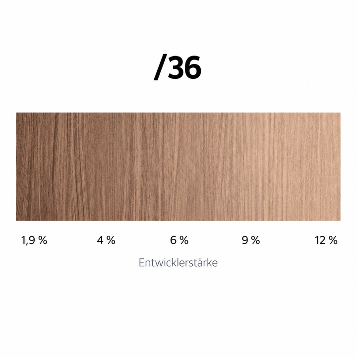 Wella Magma /36 Gold-Violett 6/0-7/0 – Haarfarbmuster bei 1,9 %, 4 %, 6 %, 9 % und 12 % Entwicklerstärke