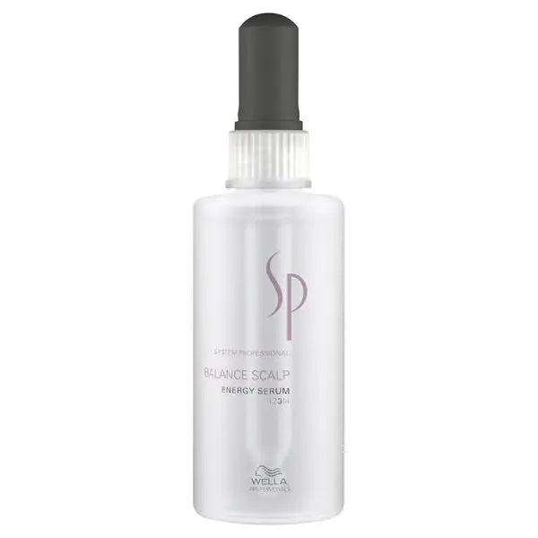 Weiße Flasche Wella SP Balance Scalp Energy Serum mit grauem Pumpenschutz